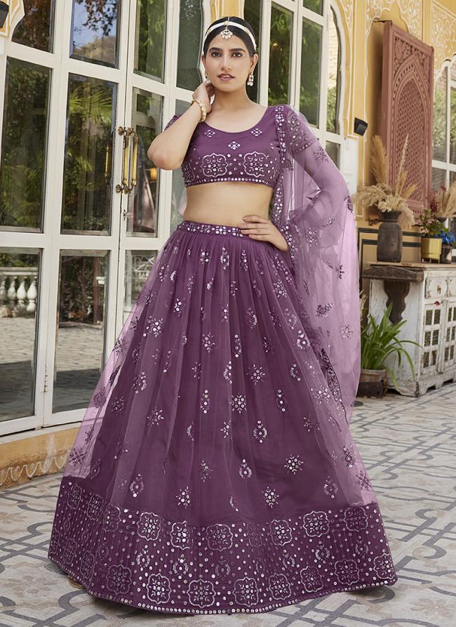 Net Mauve  Wedding Wear Embroidery Sequence Work Lehenga Choli